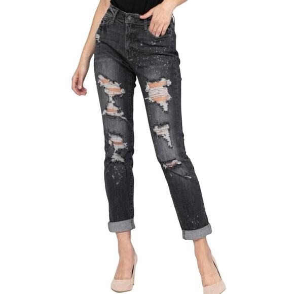 JUDY BLUE Distressed Boyfriend Fit Charcoal Gray Bleach Splatter Jeans - Sz 1/25 - Picture 1 of 7